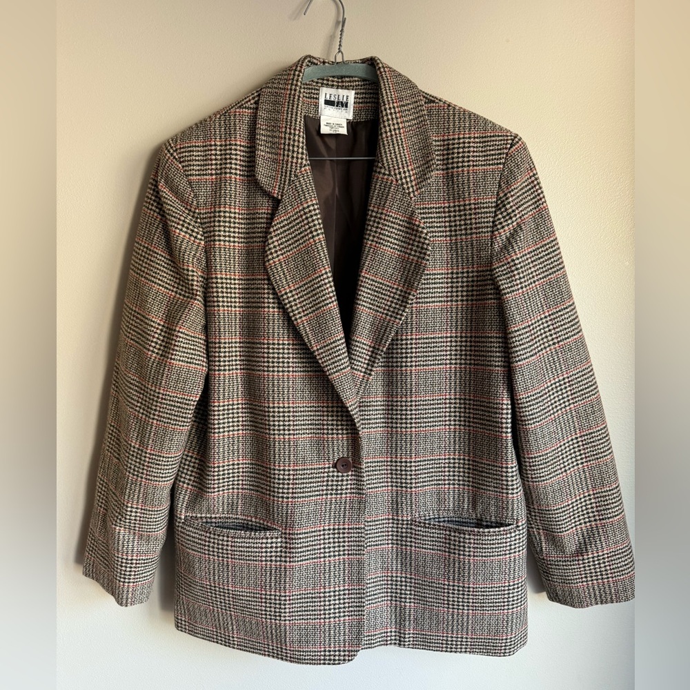 Leslie Fay Plaid Polyester Wool Blazer - Brown and Red Size 12